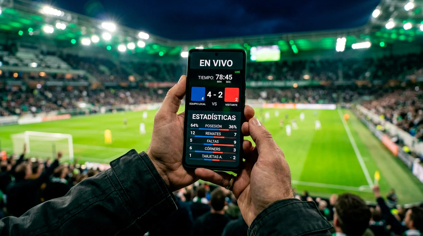 Aficionado siguiendo un partido de fútbol en vivo desde un smartphone con la aplicación de apuestas abierta