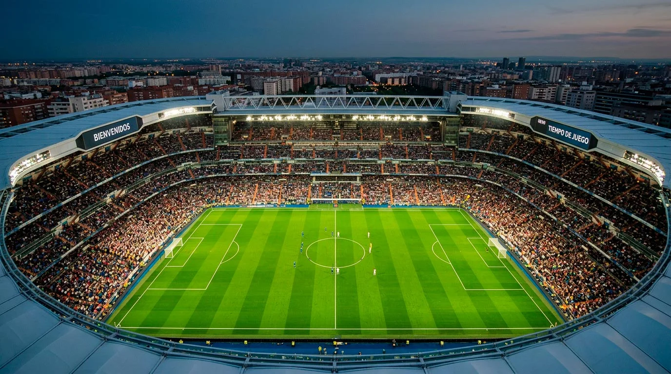 Estadio lleno durante un partido internacional de fútbol con iluminación nocturna previa al Mundial 2026