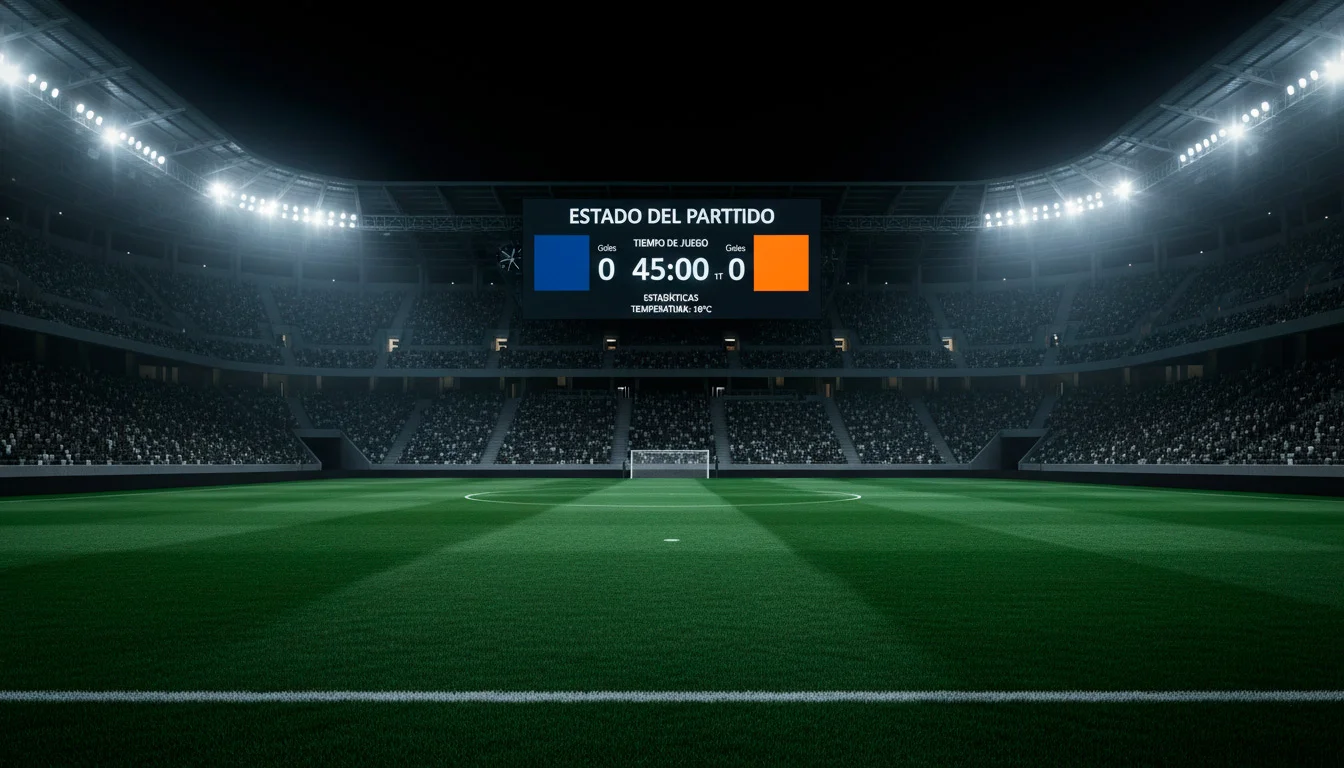 Marcador electrónico de un estadio de fútbol mostrando el desarrollo de un partido internacional